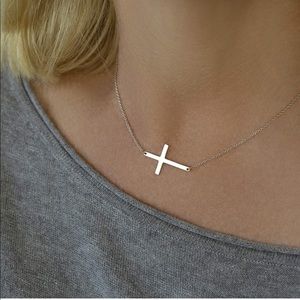14K White Gold Sideways Curved Cross Necklace